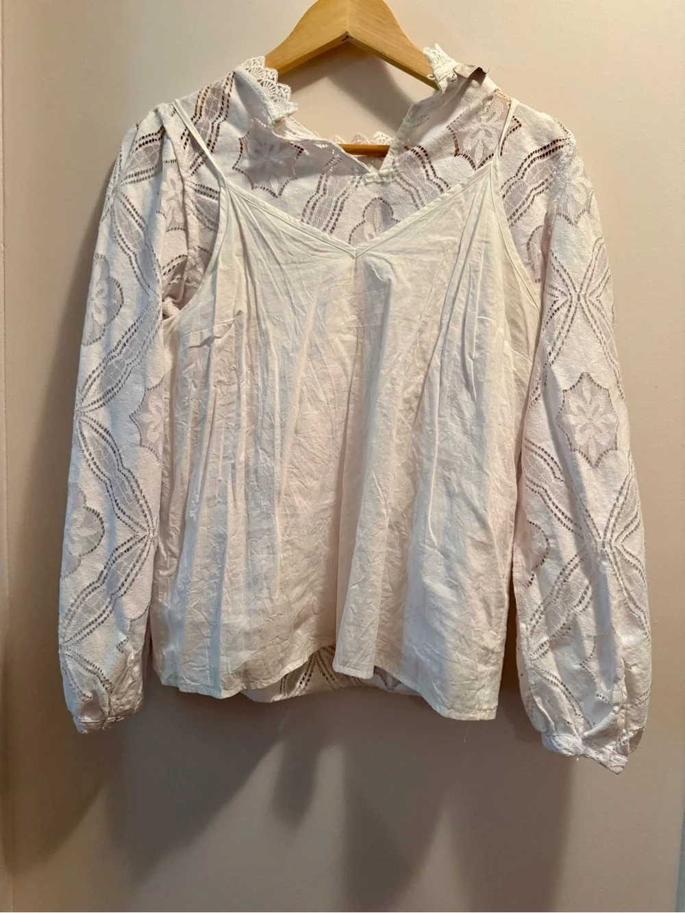 LOFT Mosaic Lace Blouse Ivory Mock Neck Puff Sleeve Lined Top Size S
